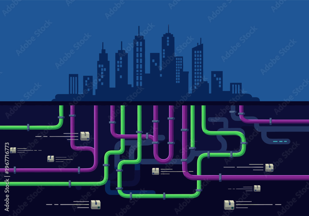 Fototapeta premium City skyline with an underground network of data pipes and moving information packets in a flat design illustration