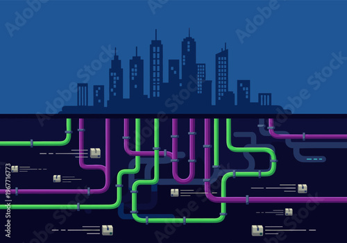 City skyline with an underground network of data pipes and moving information packets in a flat design illustration