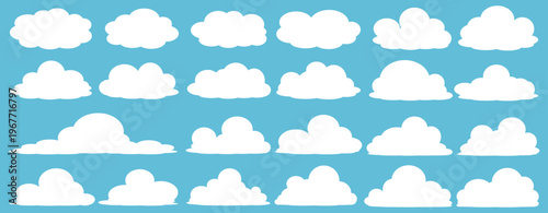 set of vector illustrations of clumpy clouds, cloud bubbles in flat style on a blue background	
