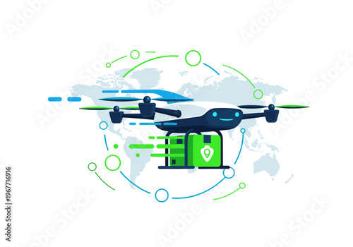 Drone delivering a green package with a location pin icon flying over a world map, illustrating global delivery service.