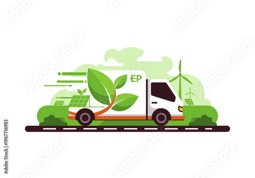 Eco-friendly delivery truck driving with renewable energy sources in the background