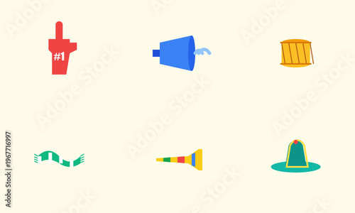 Hand-drawn collection featuring football fan accessories like foam finger megaphone drum scarf vuvuzela and festive hat authentic illustration