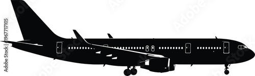 Modern commercial airplane in mid-flight over a clear sky background. Vector