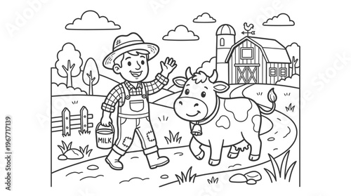 Smiling farmer with happy cow friend.