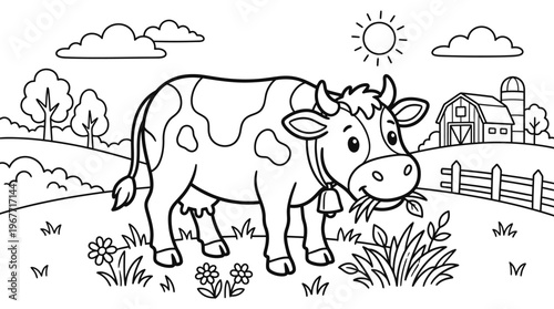 Spotted Cow Standing in Field Eating.