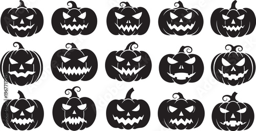 Halloween pumpkins with spooky faces on white background