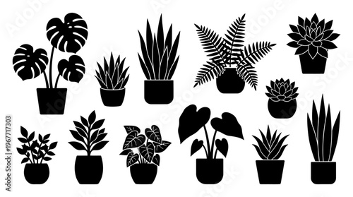 Silhouettes of various potted houseplants collection. Vector Illustrations. EPS Editable