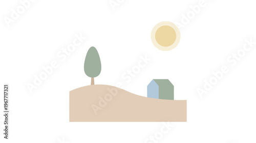 Simple landscape with tree and sun. Vector Illustrations. EPS Editable