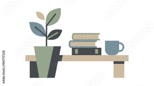 Simple still life with books plant. Vector Illustrations. EPS Editable