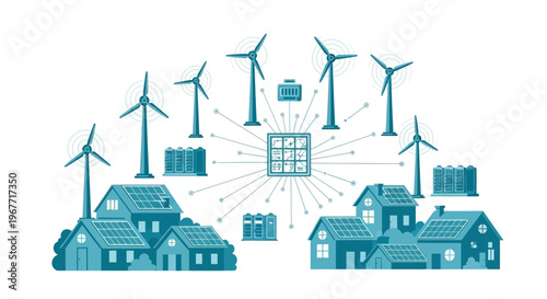 Smart grid concept with houses wind turbines and energy storage. Vector Illustrations. EPS Editable