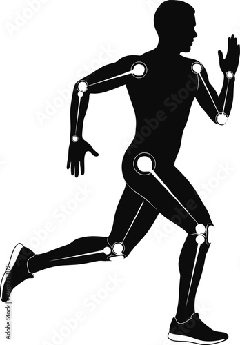 Skeletal diagram of a person mid-running stride with robotic exoskeleton joints highlighted Vector