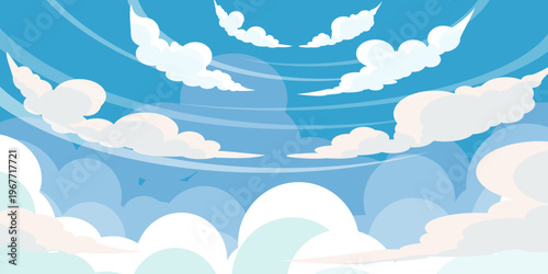 Illustration of a blue sky with white clouds in a flat style. Blue sky background and white clouds. Cartoon sky,summer background..	