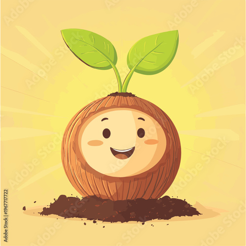 Smiling Coconut with Sprout in Soil with Sunlight , vector style simple color
