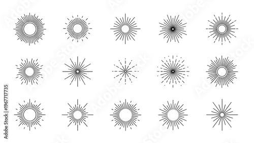 Sun rays icon set, shine burst line vector illustration collection