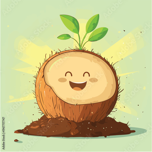 Smiling Coconut with Sprout in Soil with Sunlight , vector style simple color