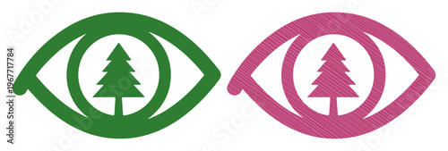 Two stylized eyes with a fir tree silhouette inside each pupil, representing nature observation and vision