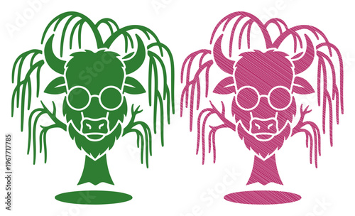 Whimsical bull-shaped trees with round glasses in vibrant green and pink