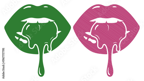 Vibrant lips with melting drips in contrasting colors, symbolizing desire and sweetness.