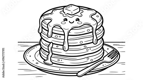 A stack of pancakes with syrup.