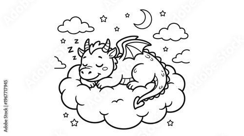 Cute dragon sleeping on cloud.