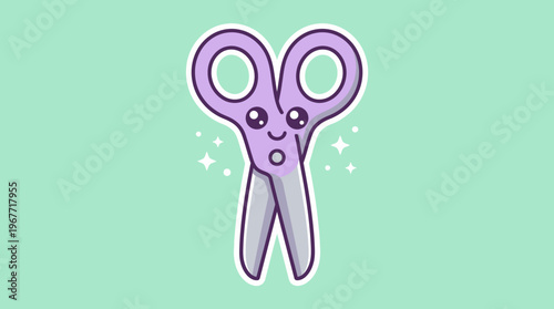 Purple cartoon scissors with smile.