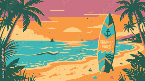 Surfboard standing on sandy beach shore.