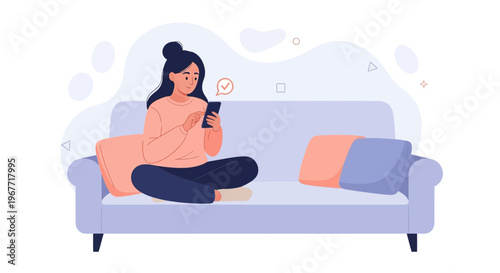 Woman Relaxing on Sofa Using Smartphone, Casual Home Lifestyle Illustration