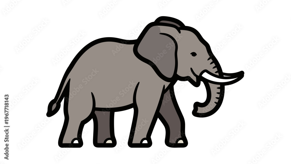 Fototapeta premium A gray cartoon elephant with a white tusk and black outline stands on a plain white background with a simple graphic design.