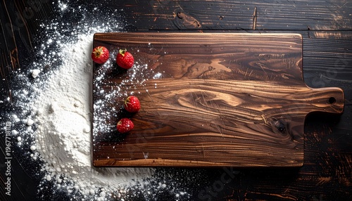 Empty wooden cutting board with flour and strawberries on dark background