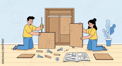 Couple assembling furniture together in a room with tools and instructions on the floor