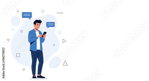 Man texting on smartphone with chat bubbles, modern flat illustration