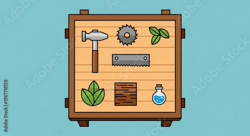 Wooden crate with tools and plants on a blue background symbolizing diy and crafting