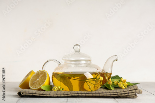 Glass teapot of hot linden ...