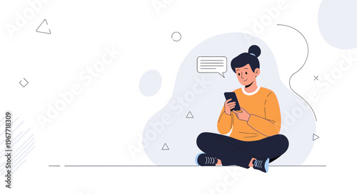 Young person sitting cross-legged, using smartphone with chat bubble, modern abstract background