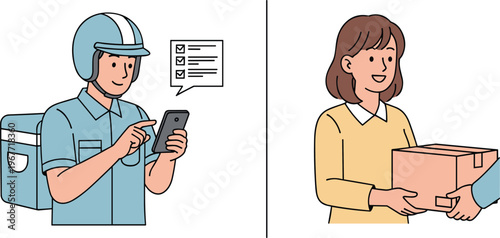 Courier delivery service with mobile tracking, parcel handover and customer receiving package concept, logistics shipping, online order fulfillment and fast delivery flat illustration