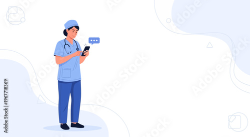 Nurse texting on smartphone with chat bubbles, medical communication concept