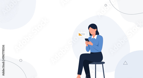 Woman sitting on stool using smartphone, with message bubble icon, minimalist background