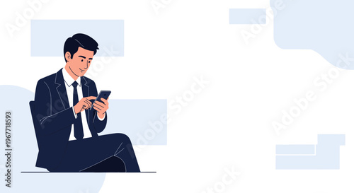 Businessman using smartphone while sitting, modern office or waiting room, minimalist design