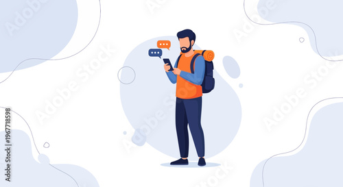 Man with Backpack Texting on Phone, Travel Communication Concept