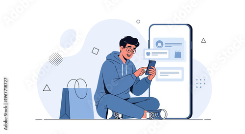 Young man using smartphone with shopping bag and large phone screen, online shopping concept