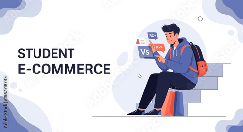 Student E-commerce Concept: Young Man Using Laptop with Shopping Bags