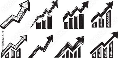 Business Growth Chart with Arrows and Graphs Icons Set