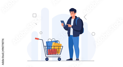 Man with shopping cart and phone, online shopping concept, flat illustration