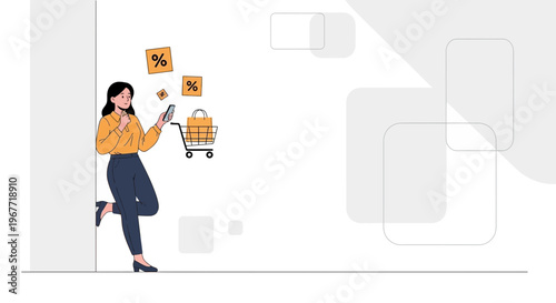 Woman Shopping Online with Smartphone, Shopping Cart, Percentage Signs, and Abstract Shapes