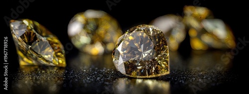 Gleaming yellow gemstones catch light atop a granular, dark, reflective surface