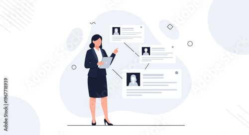 Businesswoman analyzing candidate profiles on a digital tablet, recruitment concept