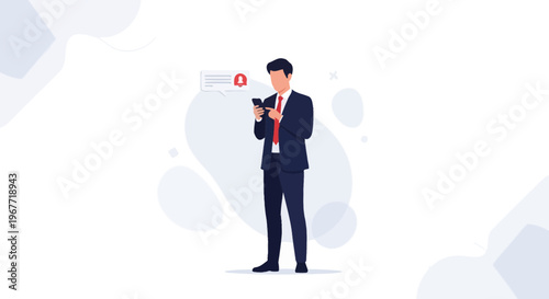 Businessman checking smartphone for notifications and alerts, modern flat illustration