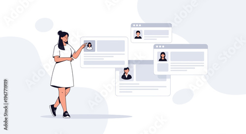 Woman Choosing Candidate Profile Cards for Recruitment and Hiring