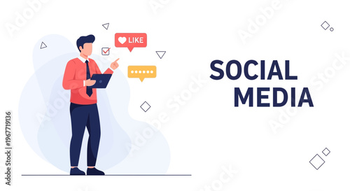 Social Media Marketing Concept: Man with Laptop, Likes, and Messages