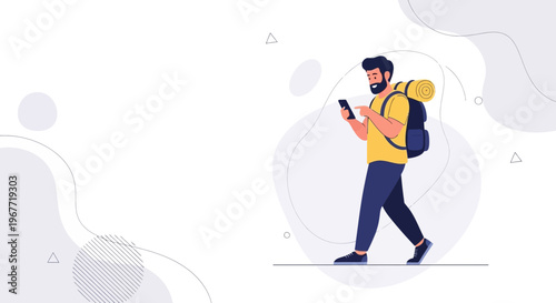 Man with Backpack Using Smartphone While Walking, Travel Concept